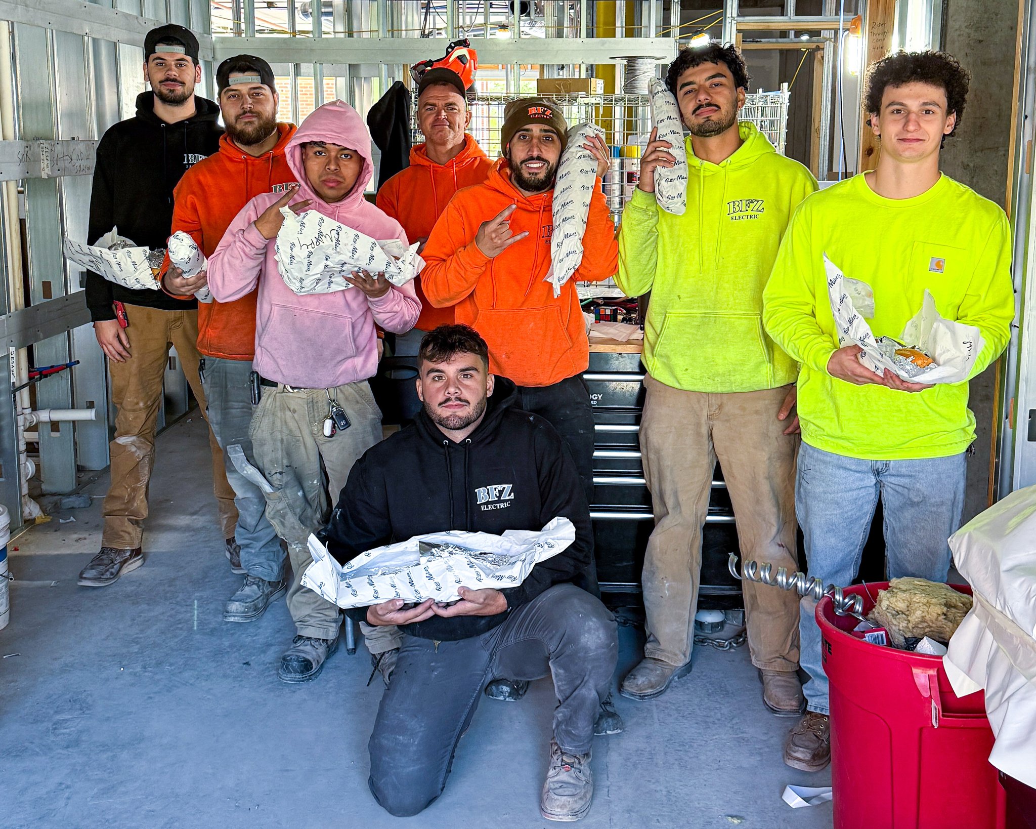 BFZ Electric crew on a jobsite with lunch